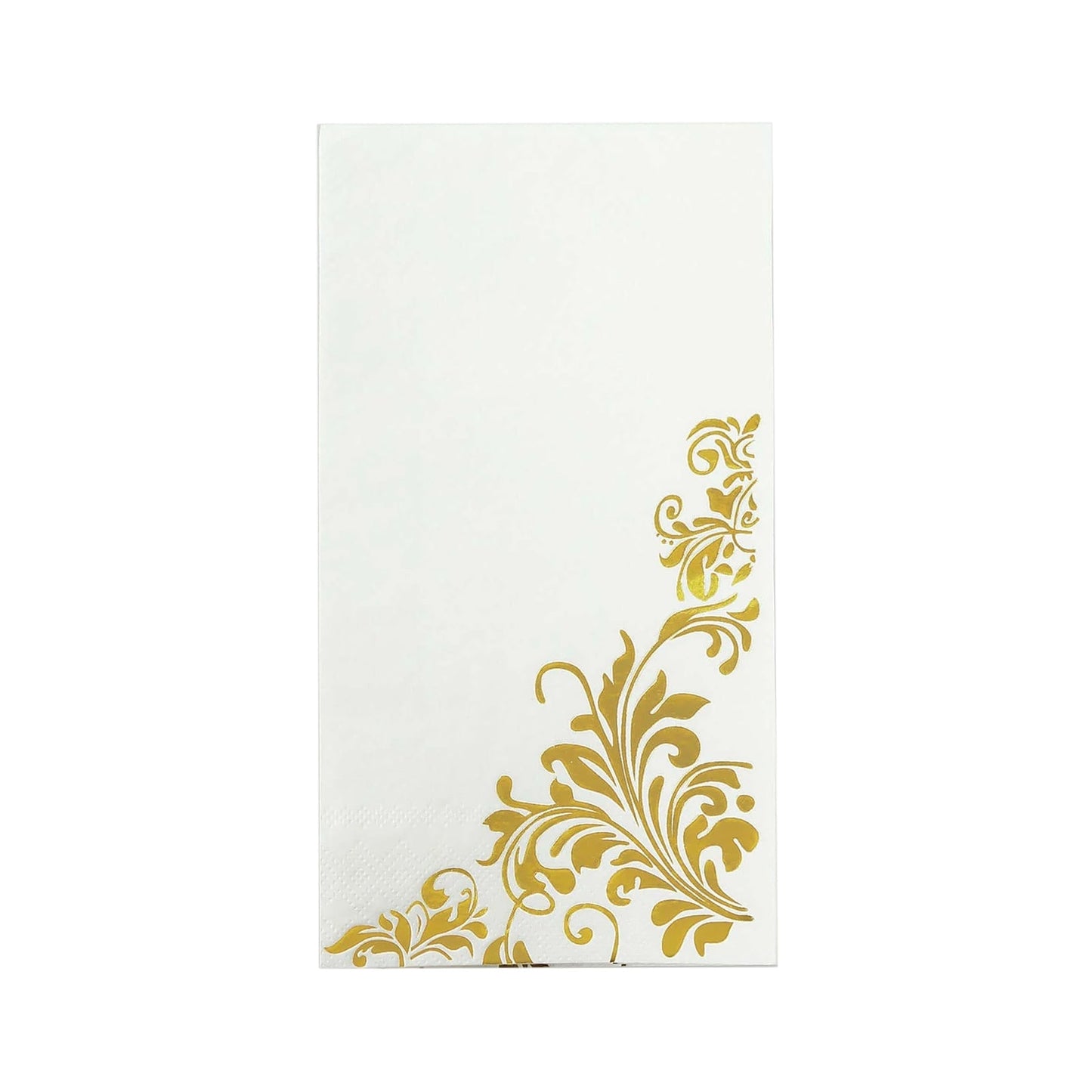 50-Pack Paper Napkins White with Gold Baroque Floral Print - Stylish Disposable Dinner Napkins 8"x4"