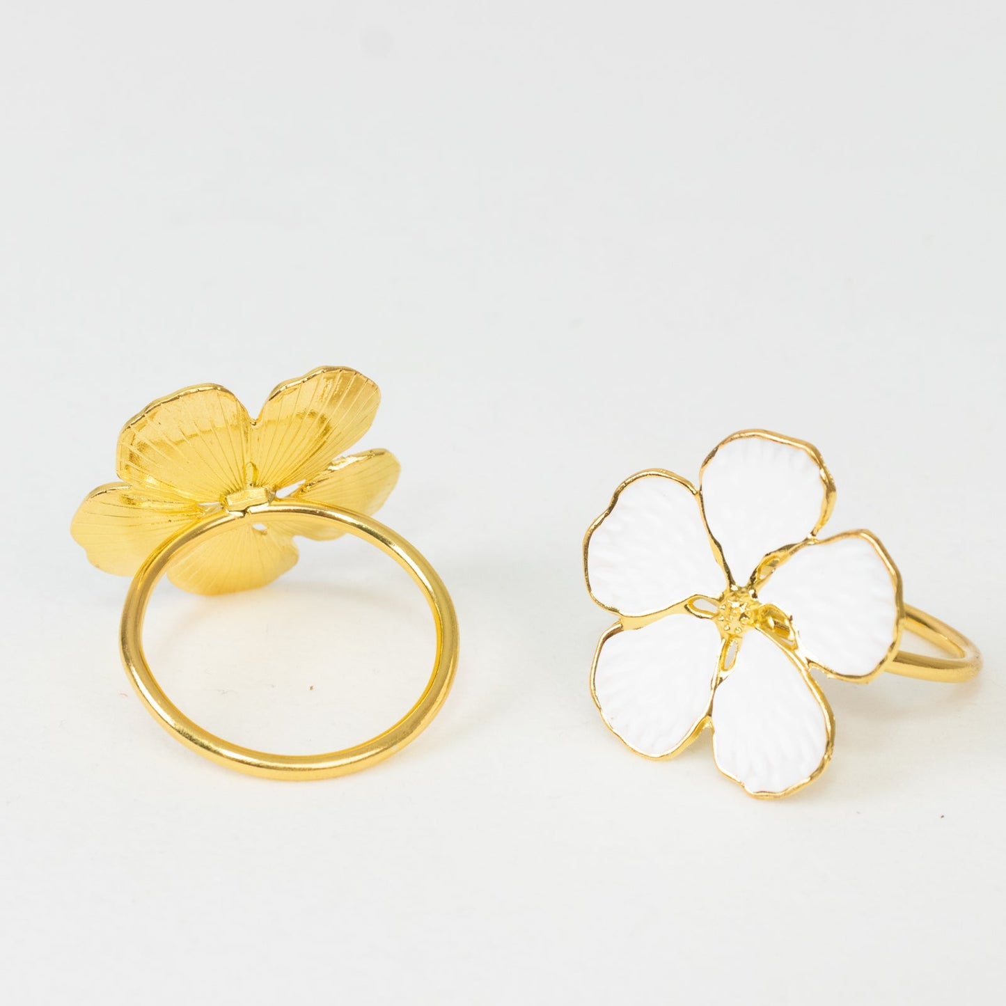 4 Pack White and Gold Metal Flower Napkin Rings, Floral Serviette Buckle Napkin Holder Set - Plum Blossom Design