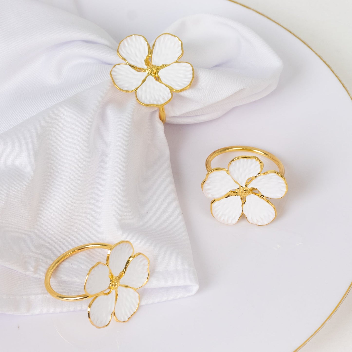 4 Pack White and Gold Metal Flower Napkin Rings, Floral Serviette Buckle Napkin Holder Set - Plum Blossom Design