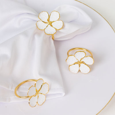 4 Pack White and Gold Metal Flower Napkin Rings, Floral Serviette Buckle Napkin Holder Set - Plum Blossom Design