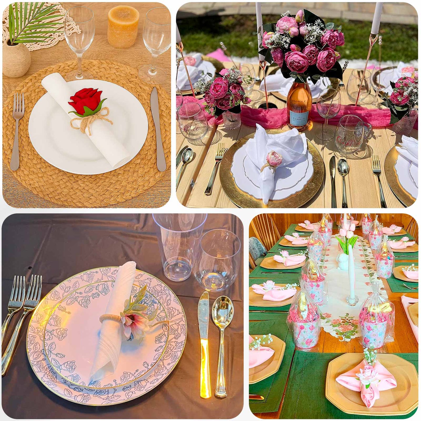 4 Pack Blush Artificial Rose Flower Wooden Napkin Holders, Farmhouse Country Floral Napkin Rings - 4"