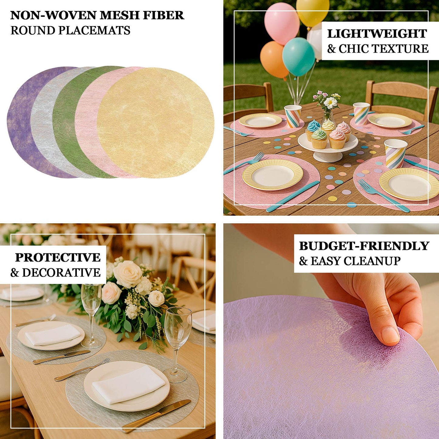 50 Pack Disposable Lavender Lilac Placemats, 13" Non-Woven Mesh Fiber Round Table Mats for Dining & Events