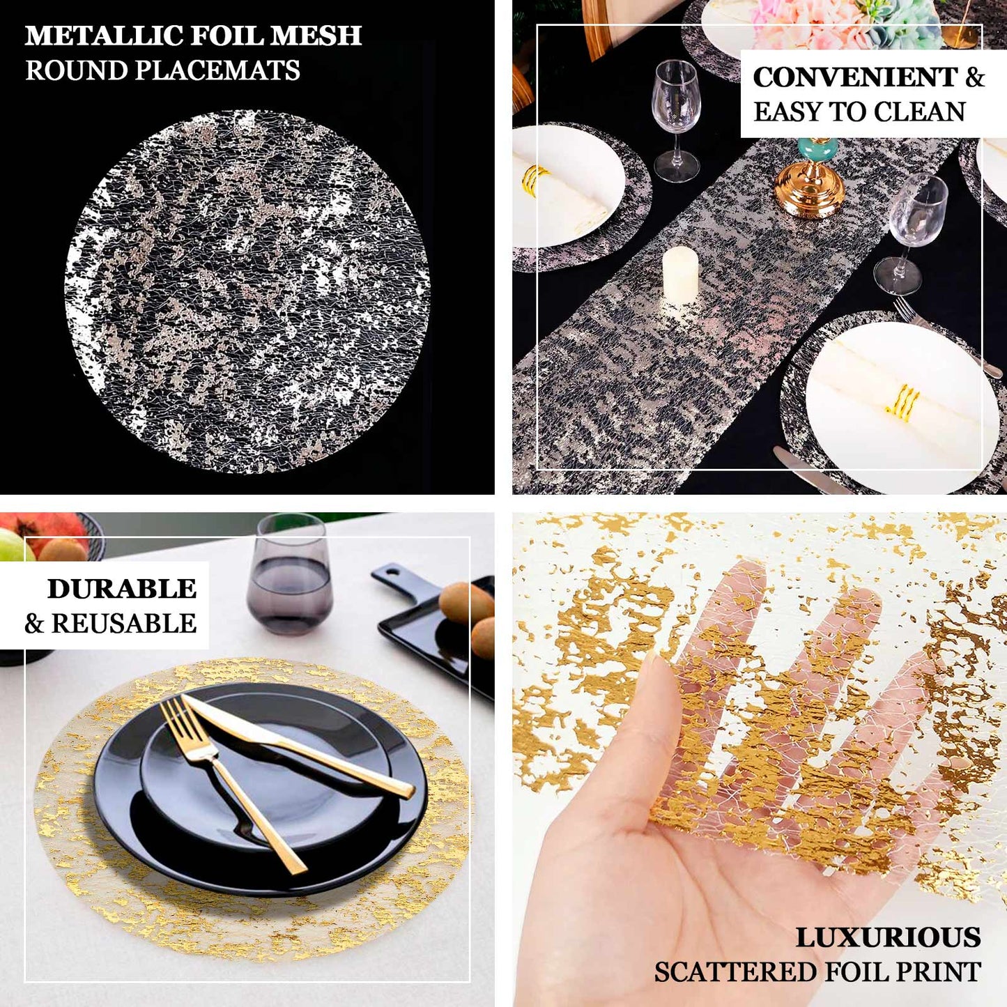 50-Pack Table Placemats Foil Design Metallic Silver Round - Mesh Disposable Shiny Dining Mats 13"