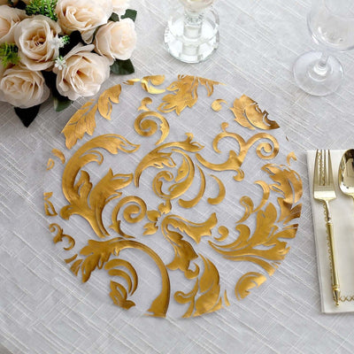 50-Pack Table Placemats Swirl Foil Floral Design Metallic Gold Round - Sheer Organza Disposable Mats 13"