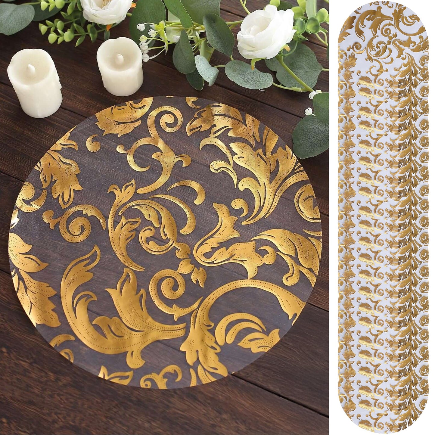 50-Pack Table Placemats Swirl Foil Floral Design Metallic Gold Round - Sheer Organza Disposable Mats 13"