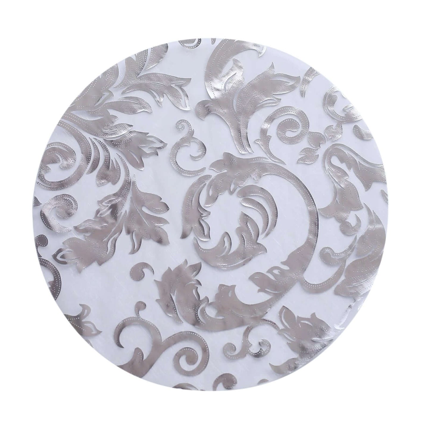50-Pack Table Placemats Swirl Foil Floral Design Metallic Silver Round - Sheer Organza Disposable Mats 13"