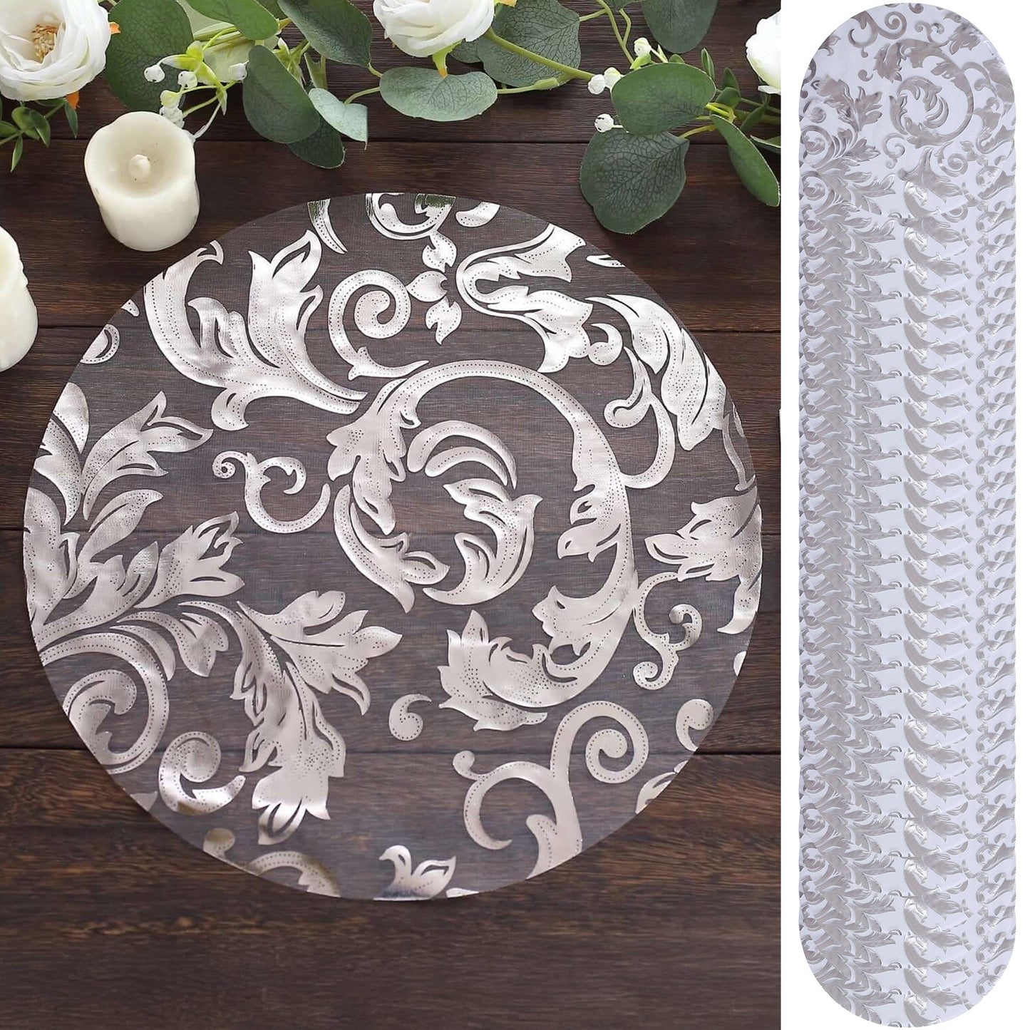 50-Pack Table Placemats Swirl Foil Floral Design Metallic Silver Round - Sheer Organza Disposable Mats 13"