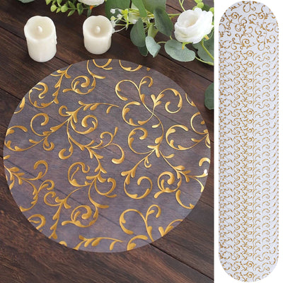 50-Pack Table Placemats Embossed Foil Flower Design Metallic Gold Round - Sheer Organza Disposable Mats 13"