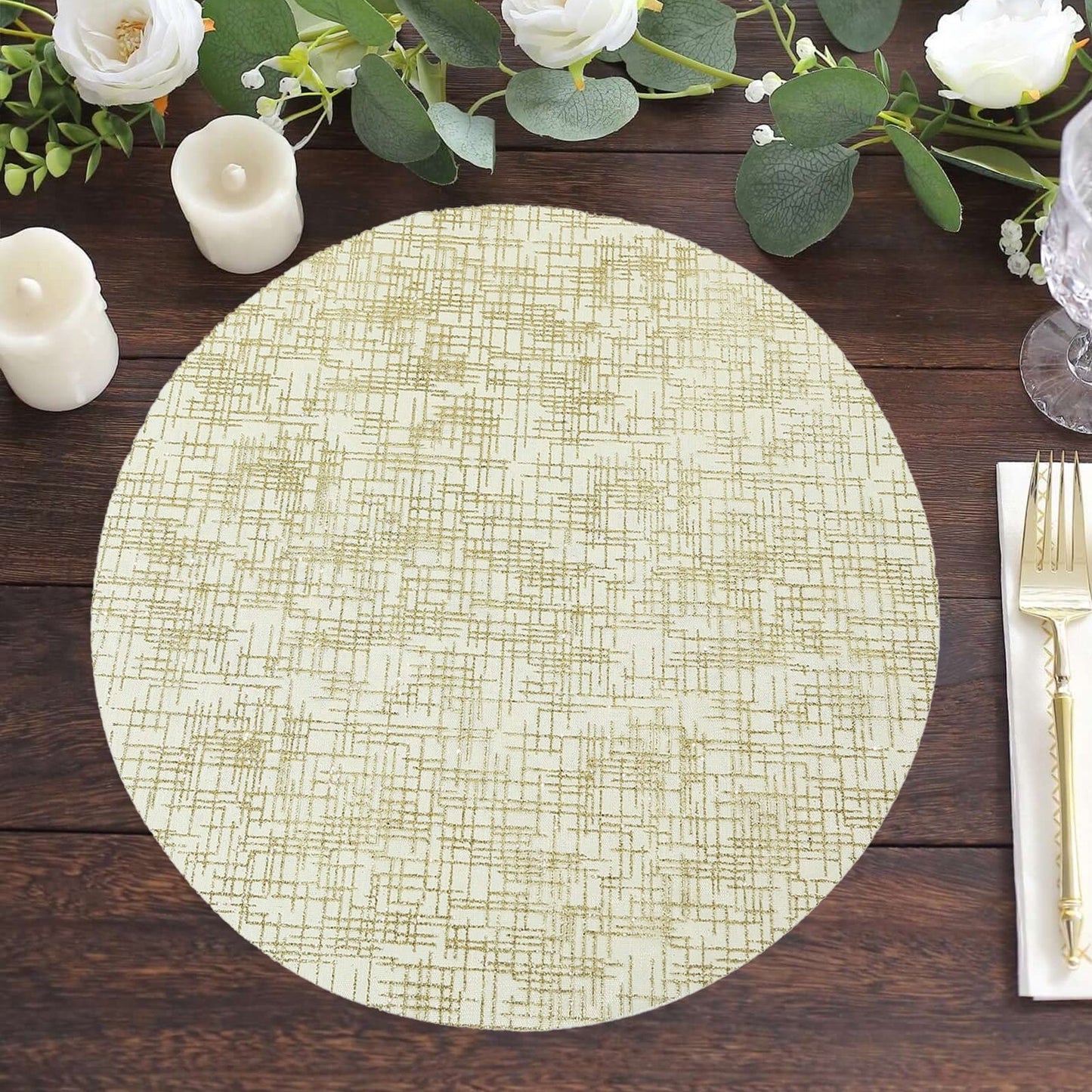 50-Pack Table Placemats Glitter Design Metallic Gold Round - Mesh Polyester Disposable Mats 13"