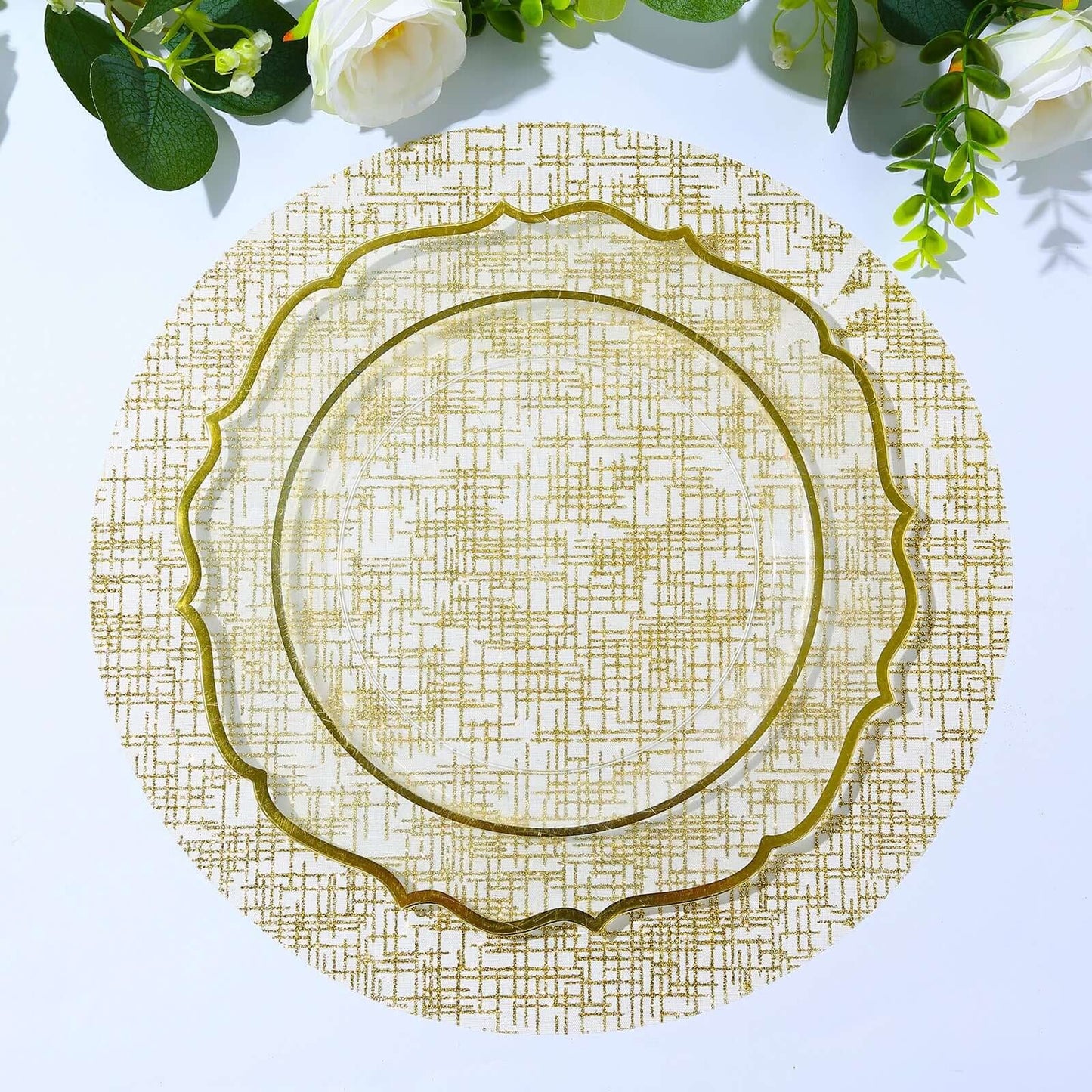 50-Pack Table Placemats Glitter Design Metallic Gold Round - Mesh Polyester Disposable Mats 13"