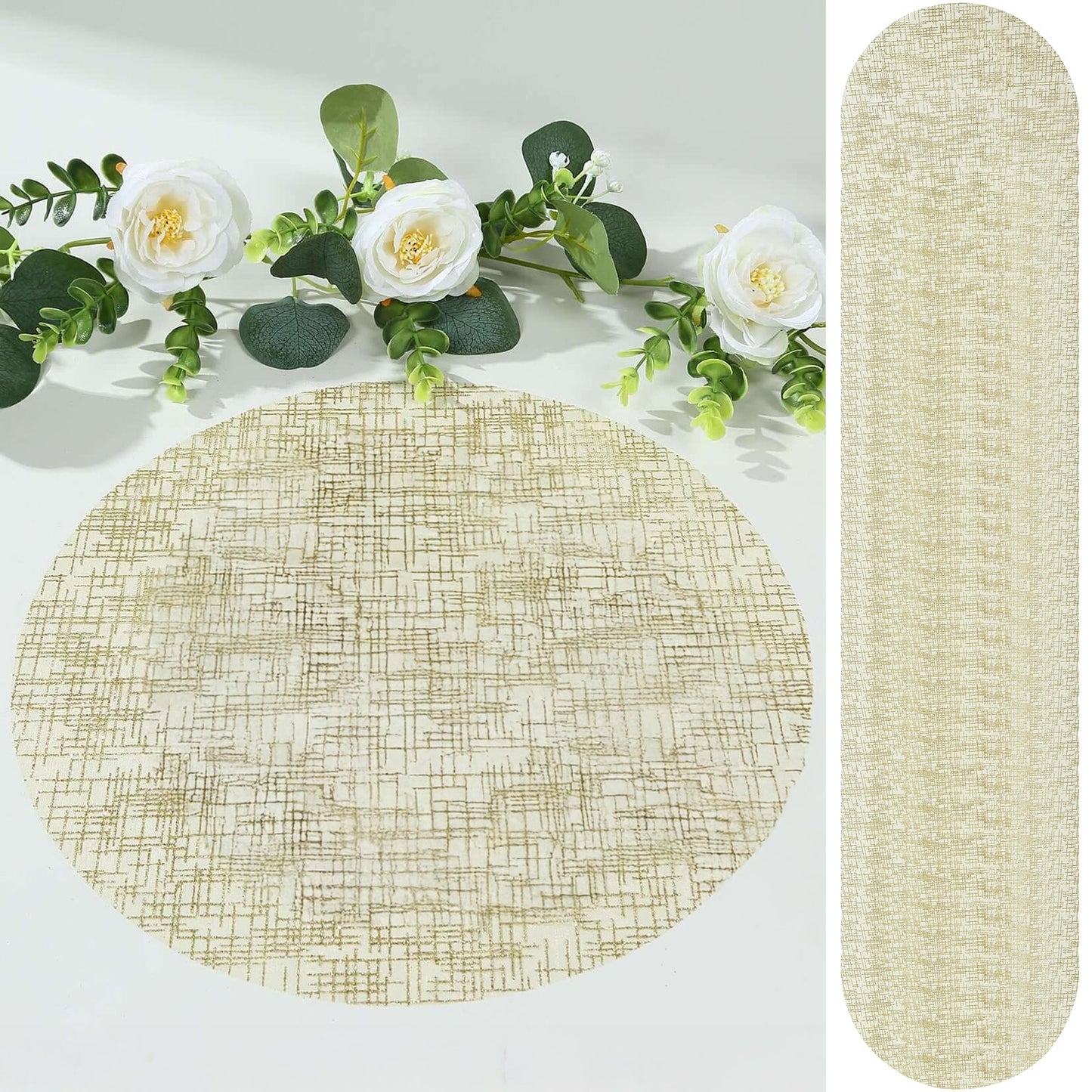 50-Pack Table Placemats Glitter Design Metallic Gold Round - Mesh Polyester Disposable Mats 13"