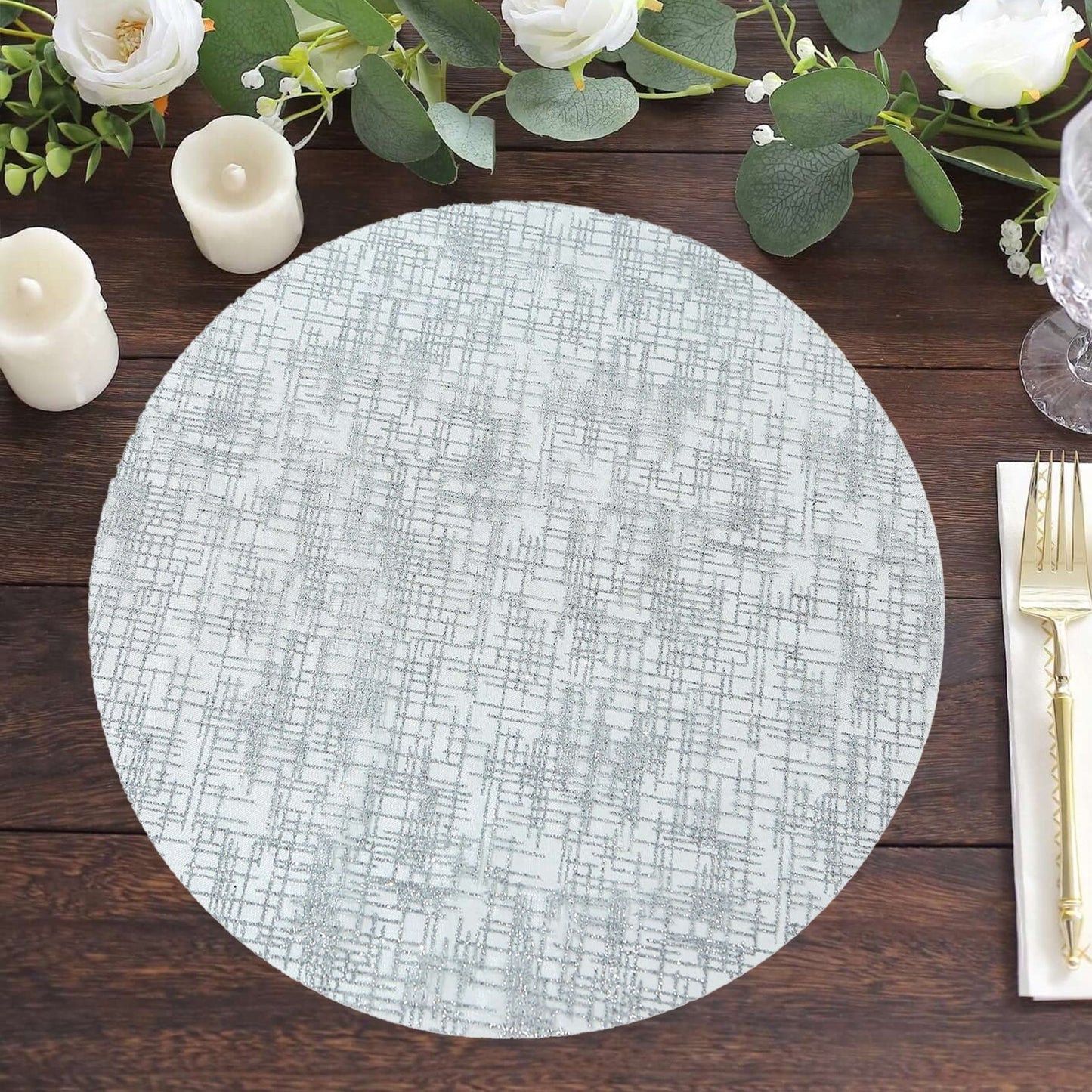 50-Pack Table Placemats Glitter Design Metallic Silver Round - Mesh Polyester Disposable Mats 13"