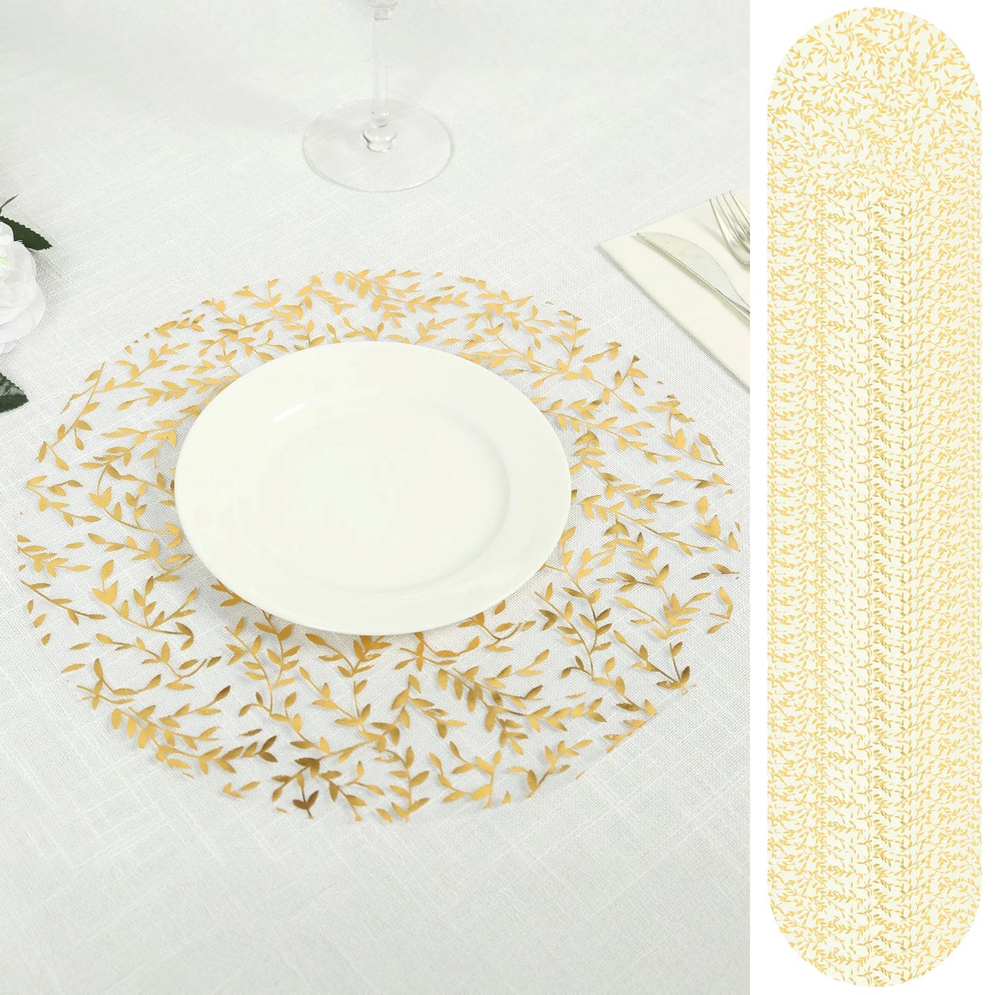 50-Pack Table Placemats Gold Foil Leaf Vine Design White Round - Organza Disposable Floral Mats 13"