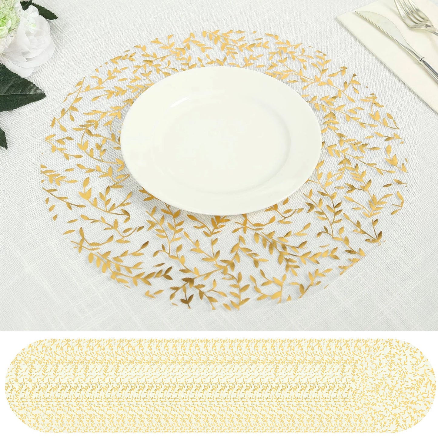 50-Pack Table Placemats Gold Foil Leaf Vine Design White Round - Organza Disposable Floral Mats 13"