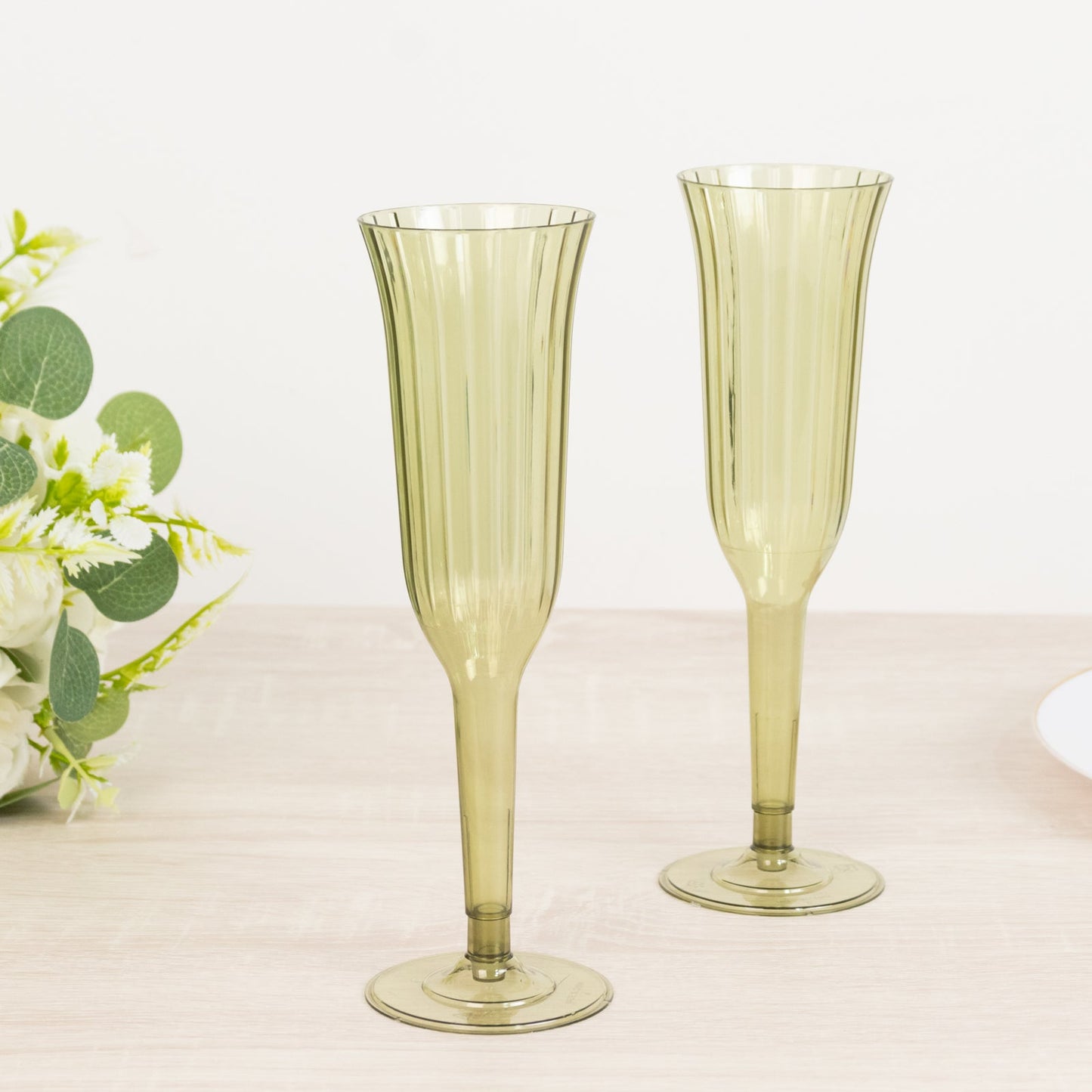 24-Pack Plastic Champagne Flutes Transparent Dusty Sage Green Flared Design - Lightweight Disposable Toasting Glasses 6oz
