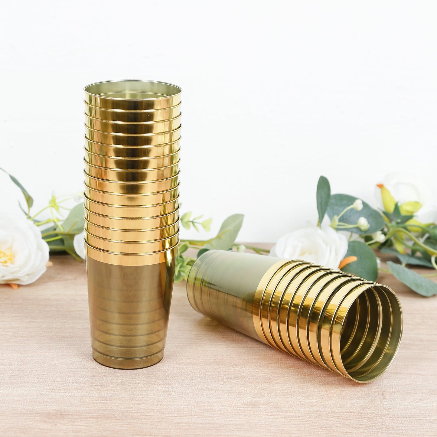 25-Pack Plastic Tumbler Cups Transparent Dusty Sage Green with Gold Rim - Stylish Disposable Party Glasses 10oz