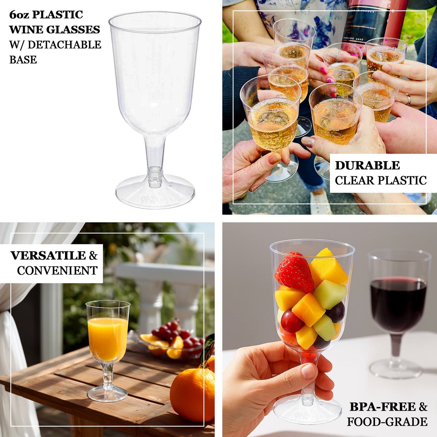 24 Pack Clear Plastic Wine Glasses 6oz Short Stem Disposable Party Cups with Detachable Base