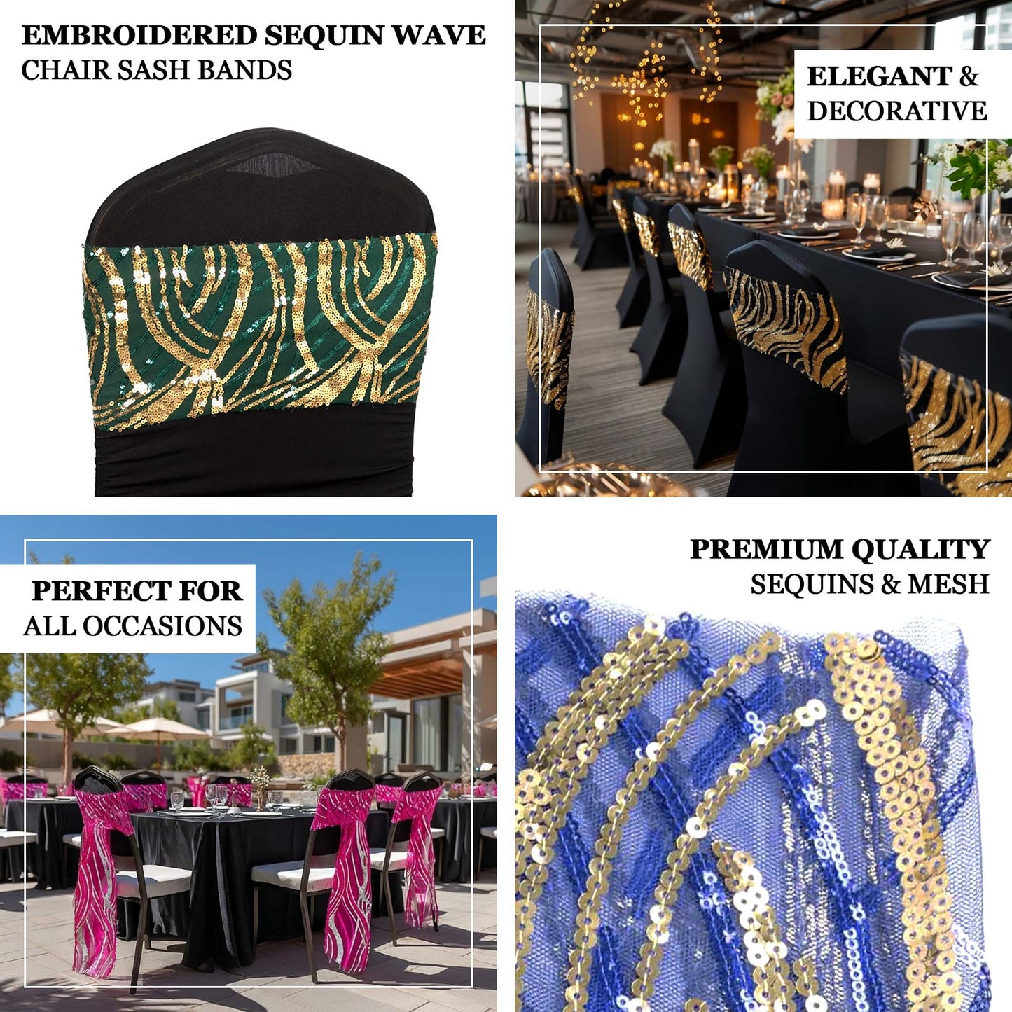 5 Pack Chair Sash Bands with Wave Embroidered Sequins Hunter Emerald Green/Gold