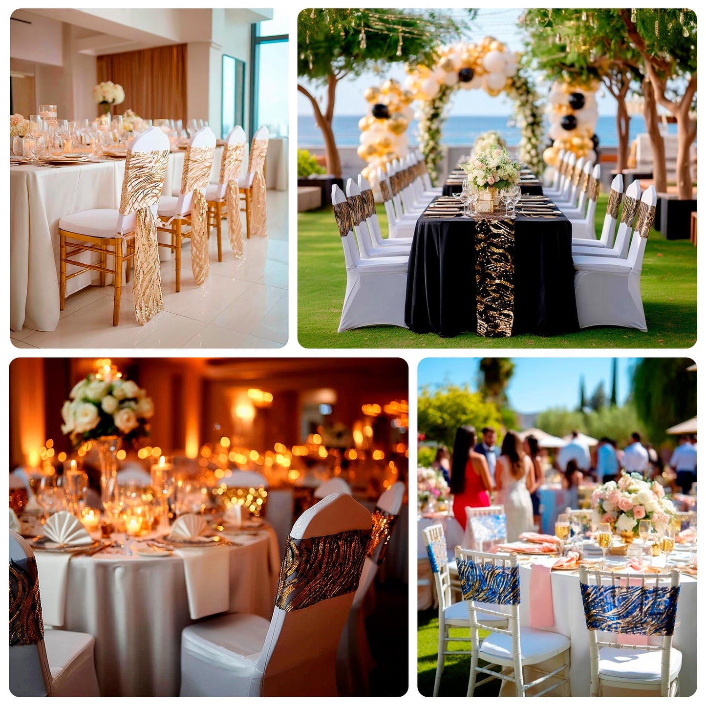 5 Pack Chair Sash Bands with Wave Embroidered Sequins Champagne