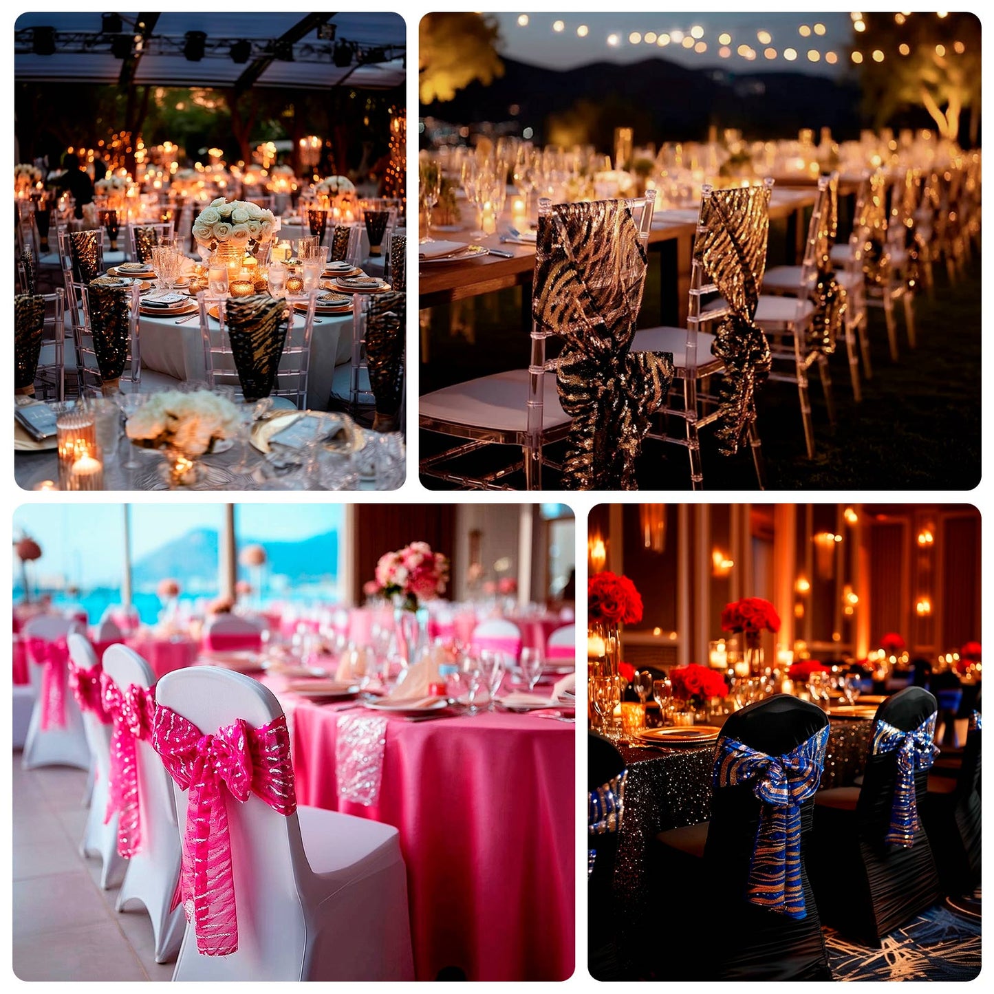 5 Pack Chair Sashes with Wave Embroidered Sequins Fuchsia/Silver 6"x88"