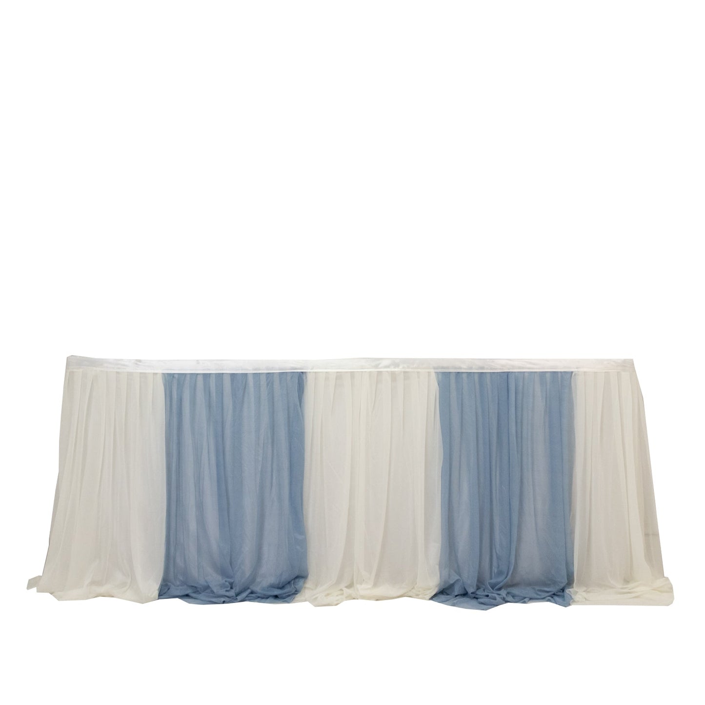 14ft Sheer Pleated Ruffle Skirting Chiffon Table Skirt - Dusty Blue and Ivory, Shimmer Sheer, Wrinkle-Free Fabric