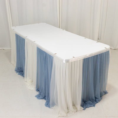 14ft Sheer Pleated Ruffle Skirting Chiffon Table Skirt - Dusty Blue and Ivory, Shimmer Sheer, Wrinkle-Free Fabric