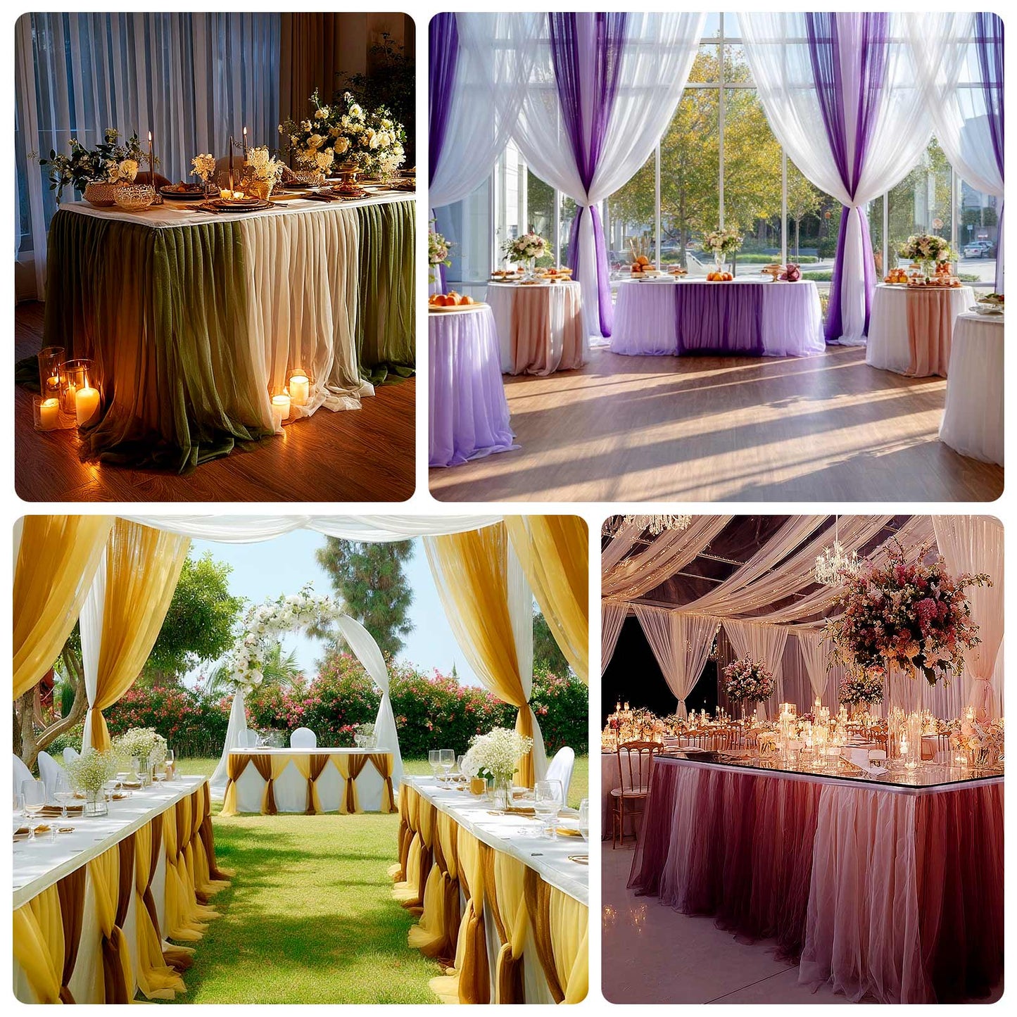 14ft Sheer Pleated Ruffle Skirting Chiffon Table Skirt - Champagne and Gold, Shimmer Sheer, Wrinkle-Free Fabric