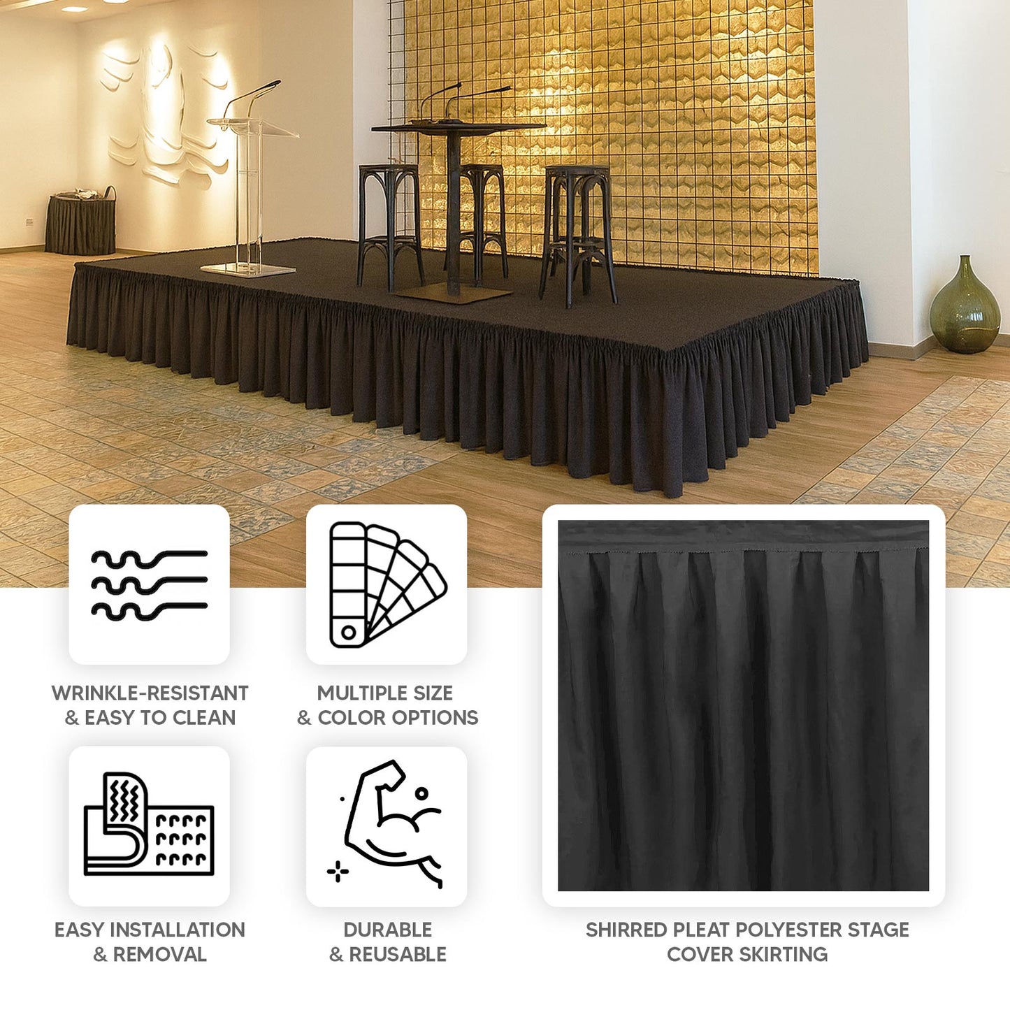 Portable Stage Skirt Black Polyester Platform Skirting Cloth for Events, Performances & Wedding Staging - 24"x20ft