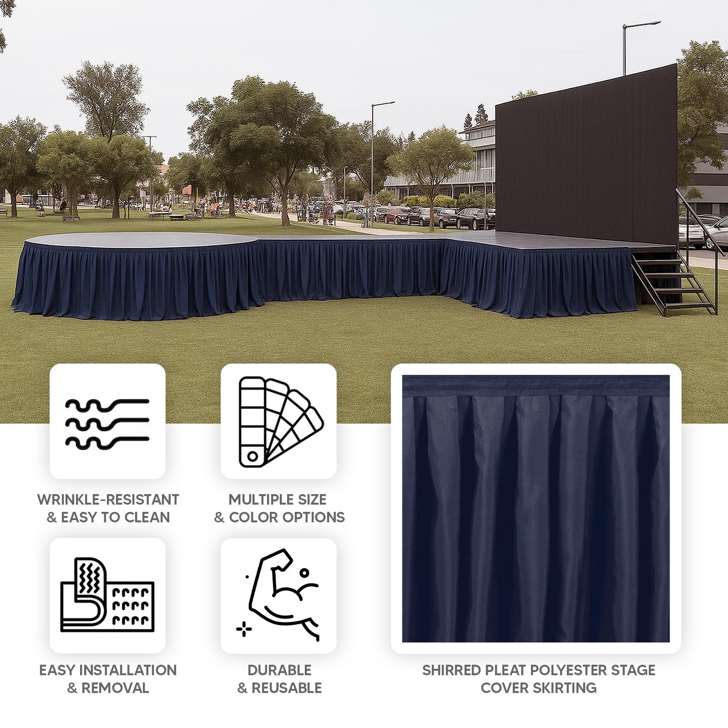 Portable Stage Skirt Navy Blue Polyester Platform Skirting Cloth for Events, Performances & Wedding Staging - 16"x10ft
