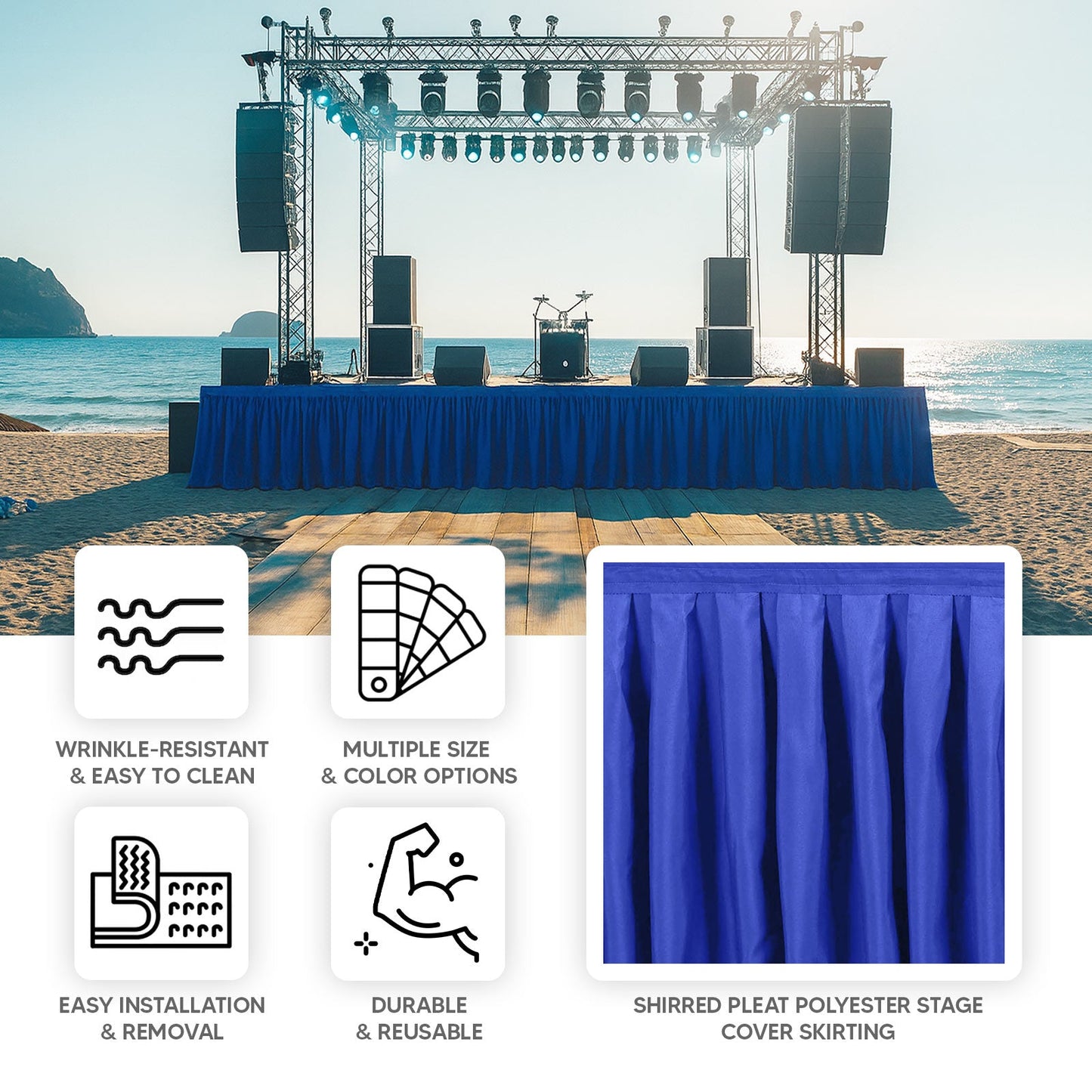 Portable Stage Skirt Royal Blue Polyester Platform Skirting Cloth for Events, Performances & Wedding Staging - 48"x20ft