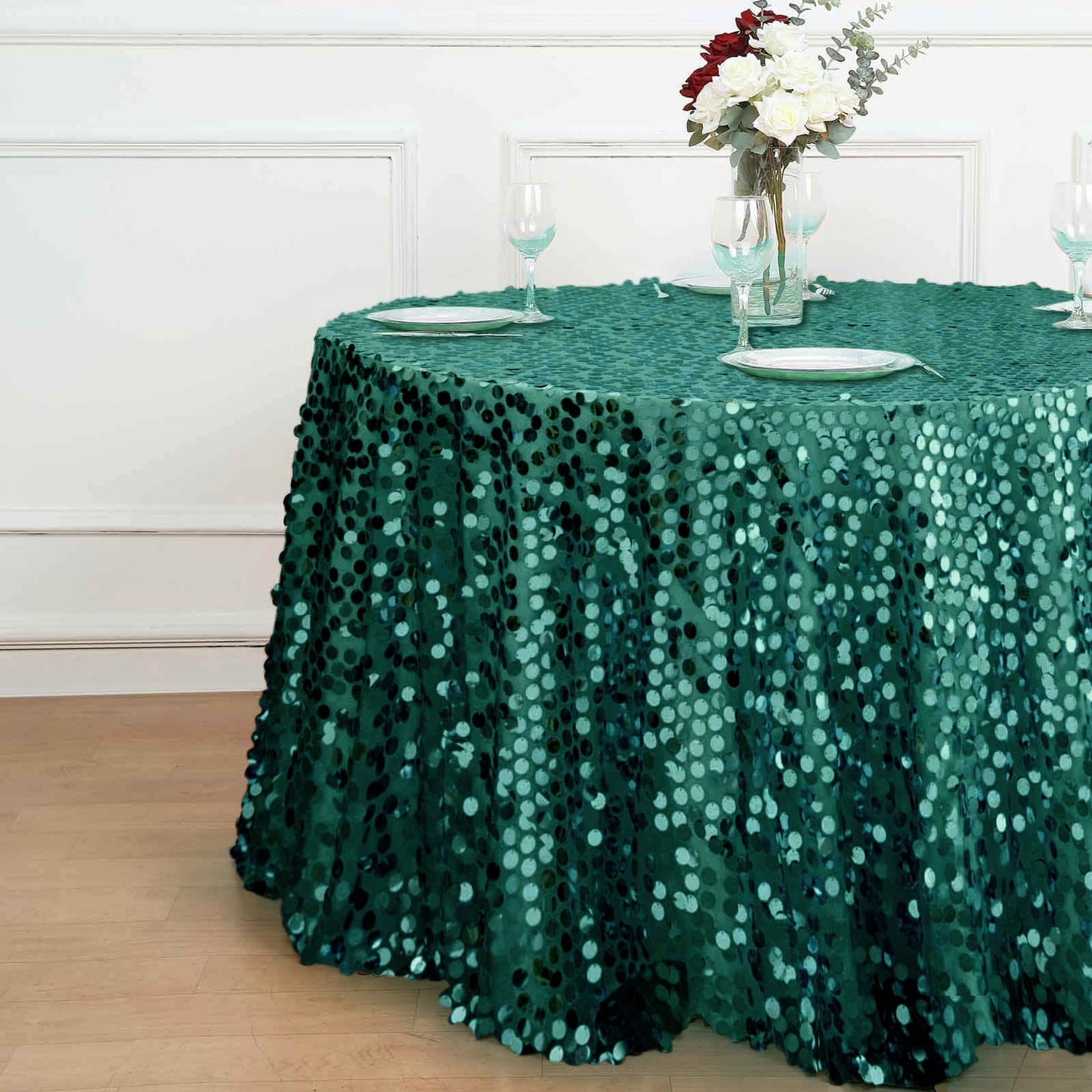 Sequin 120" Round Tablecloth Hunter Emerald Green - Seamless Big Payette Table Cover