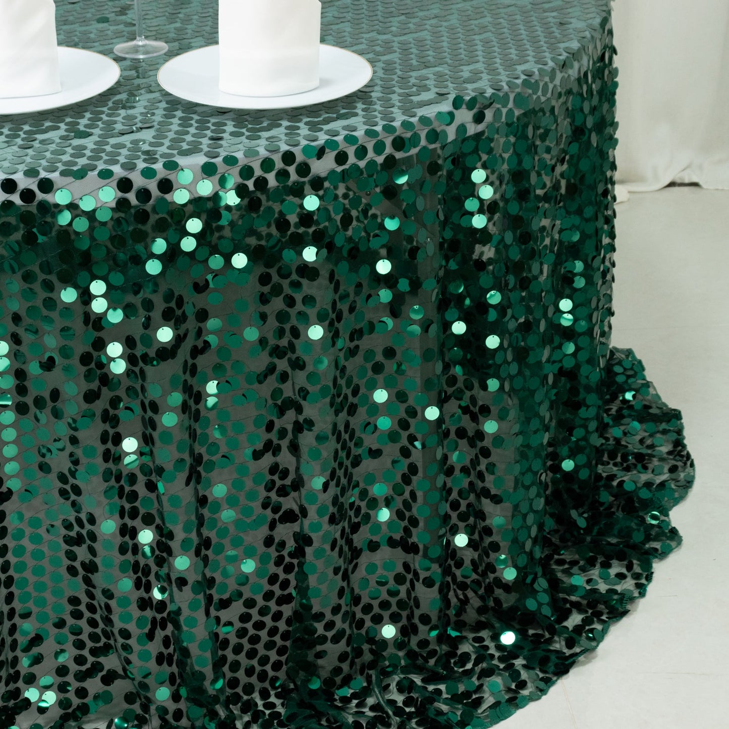 Sequin 132" Round Tablecloth Hunter Emerald Green - Big Payette Table Cover