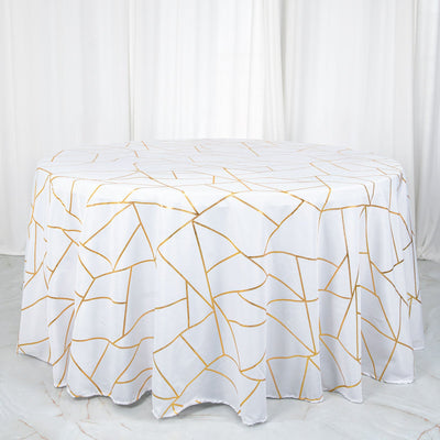 Polyester 120" Round Tablecloth White with Gold Foil Geometric Pattern Wrinkle-Resistant Modern Seamless Table Cover