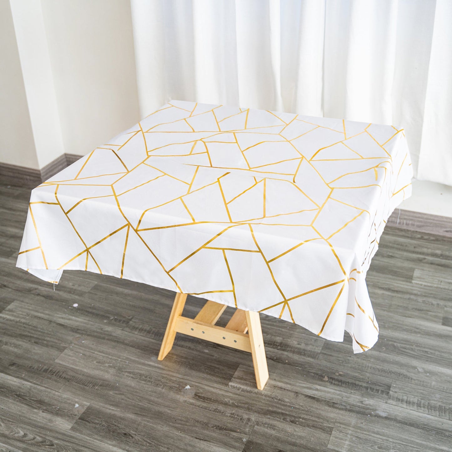 Polyester 54"x54" Square Tablecloth White with Gold Foil Geometric Pattern - Wrinkle-Resistant & Durable for Stylish Settings