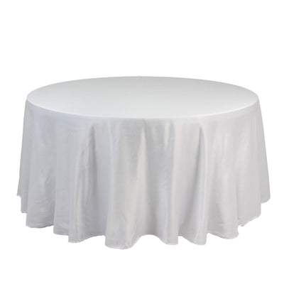 Lamour Satin 120" Round Tablecloth White - Seamless Table Cover with Soft Tempered Sheen for Upscale Gatherings
