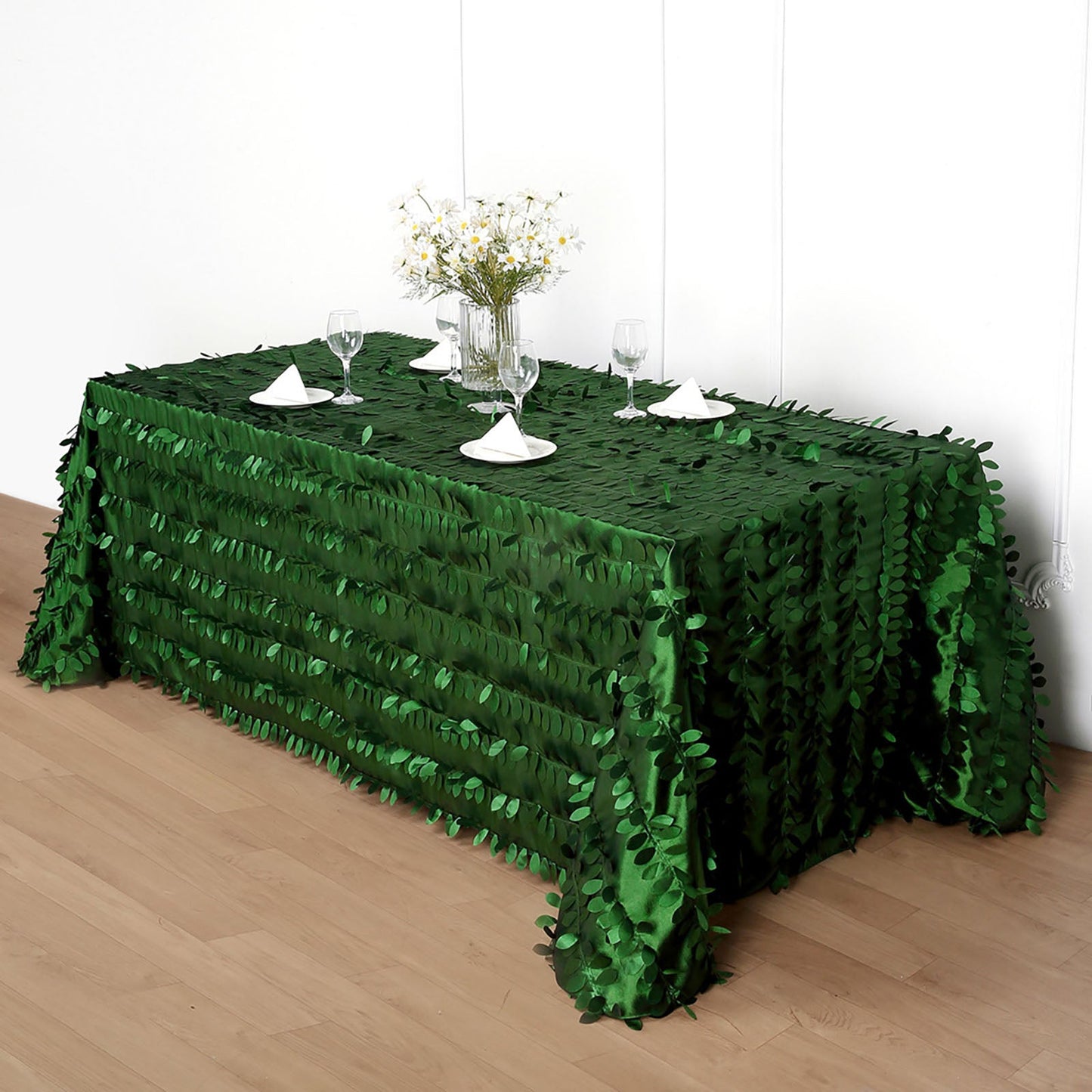 Taffeta 90"x132" Rectangle Tablecloth Green | 3D Leaf Petal Design Seamless Table Cover