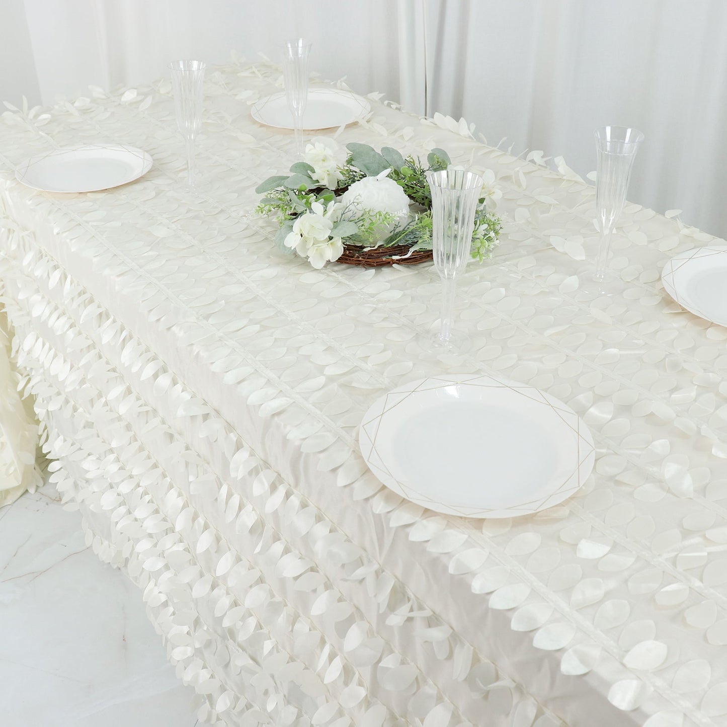 Taffeta 90"x132" Rectangle Tablecloth Ivory | 3D Leaf Petal Design Seamless Table Cover