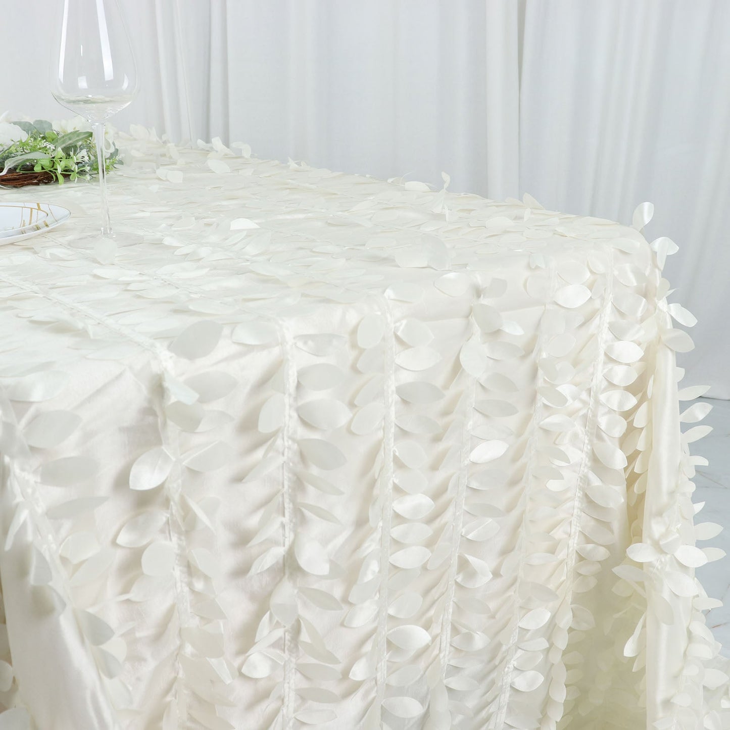 Taffeta 90"x132" Rectangle Tablecloth Ivory | 3D Leaf Petal Design Seamless Table Cover