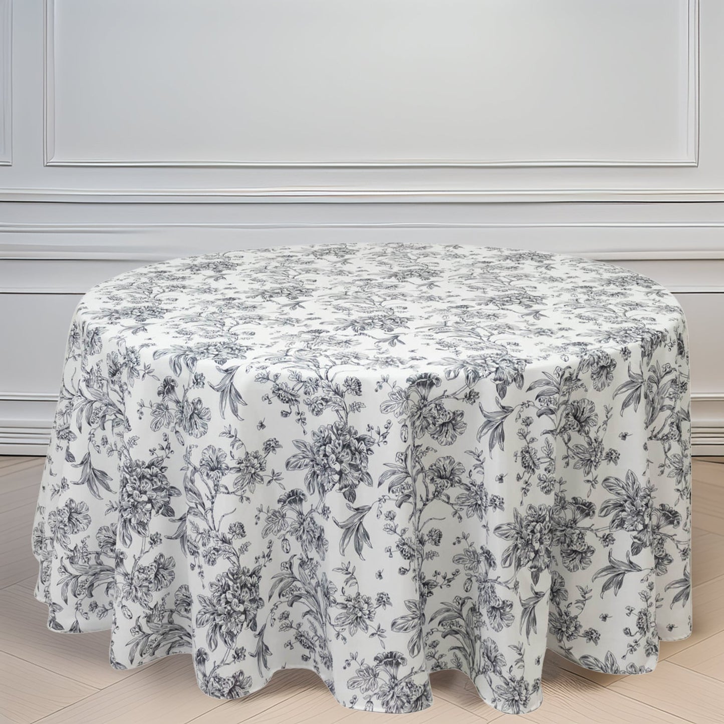 Polyester 120" Round Tablecloth White - Black French Toile Pattern for Chic Weddings