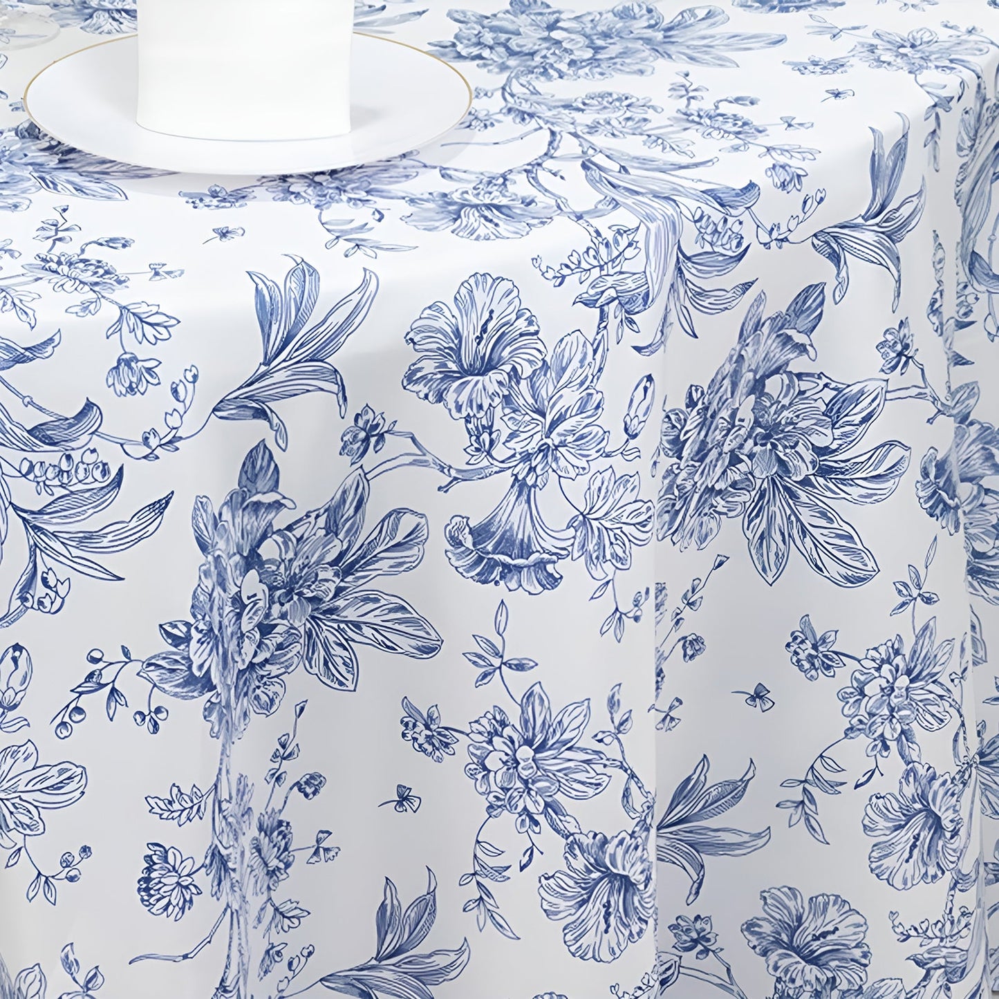 Polyester 120" Round Tablecloth White - Blue French Toile Pattern for Chic Weddings