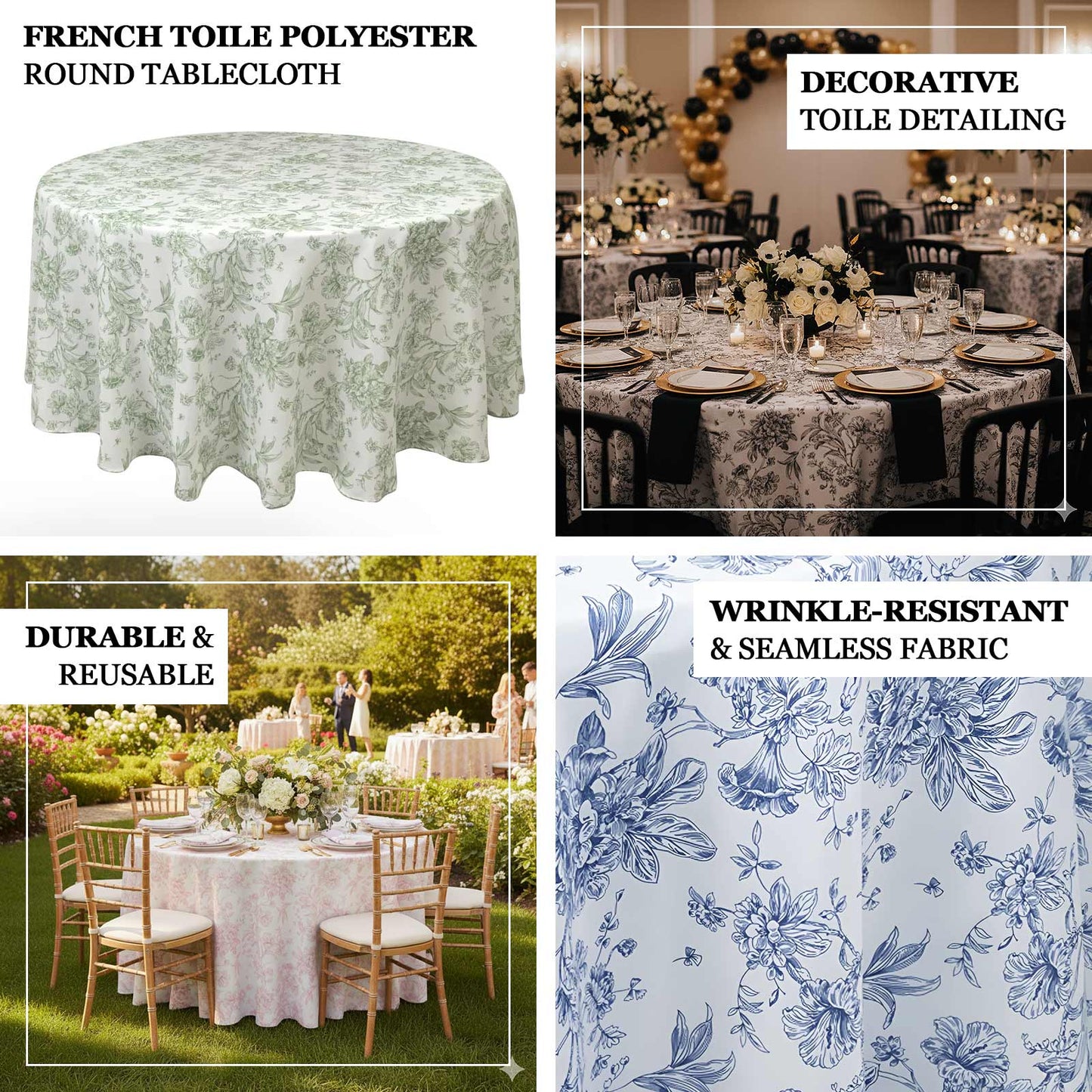 Polyester 120" Round Tablecloth White - Dusty Sage Green French Toile Pattern for Chic Weddings