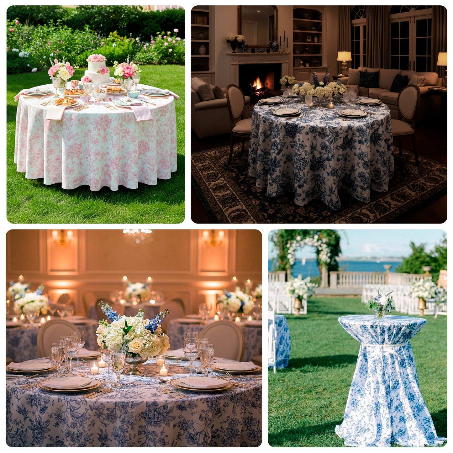 Polyester 120" Round Tablecloth White - Lavender Lilac French Toile Pattern for Chic Weddings