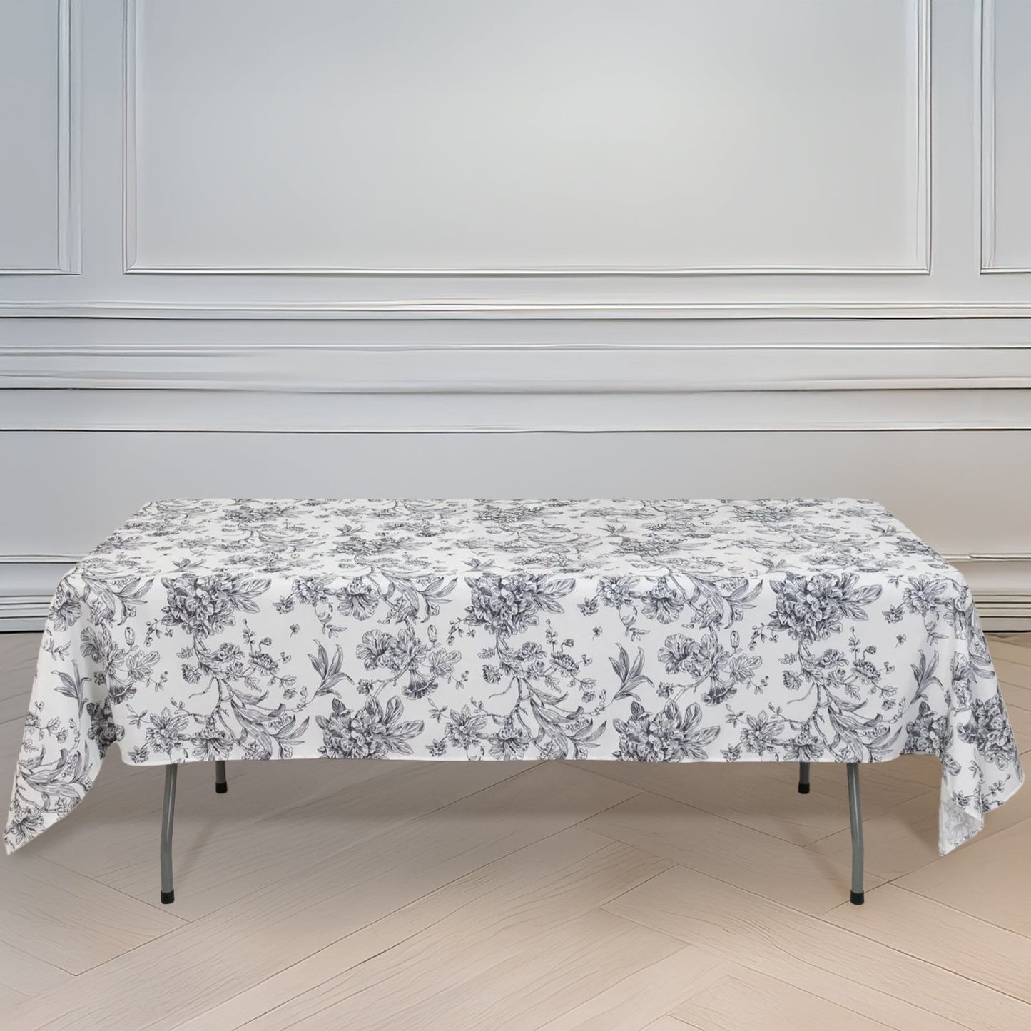Polyester 60"x102" Rectangle Tablecloth White - Black French Toile Pattern for Elegant Gatherings