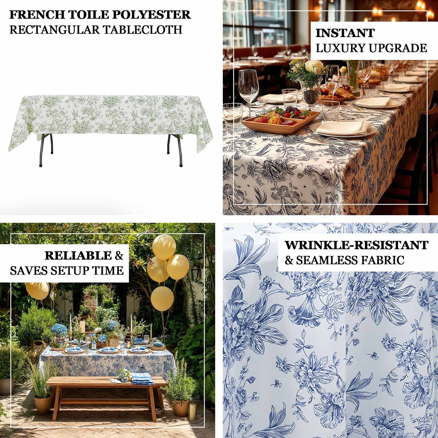 Polyester 60"x102" Rectangle Tablecloth White - Blue French Toile Pattern for Elegant Gatherings