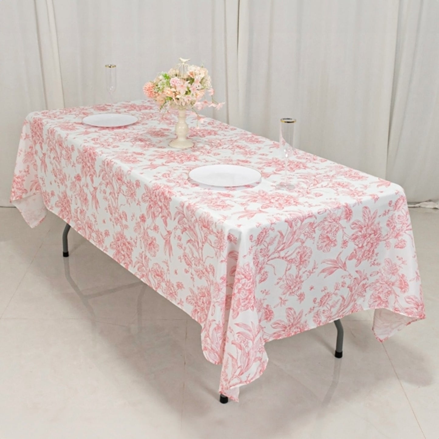 Polyester 60"x102" Rectangle Tablecloth White - Pink French Toile Pattern for Modern Occasions
