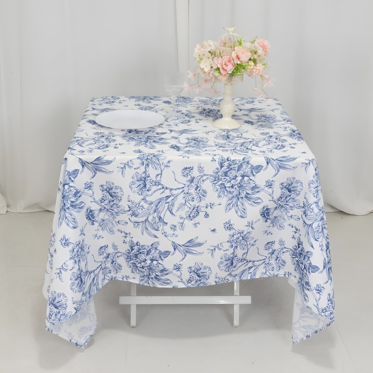 Polyester 70"x70" Table Overlay White - Blue French Toile Pattern for Stylish Events