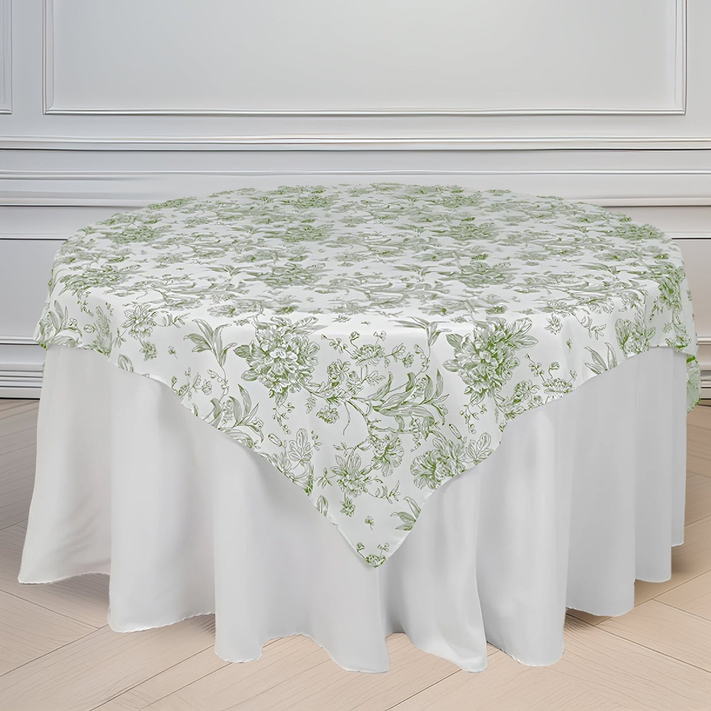 Polyester 70"x70" Table Overlay White - Dusty Sage Green French Toile Pattern for Stylish Events