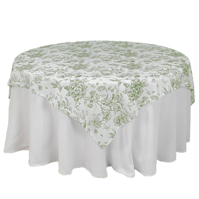 Polyester 70"x70" Table Overlay White - Dusty Sage Green French Toile Pattern for Stylish Events