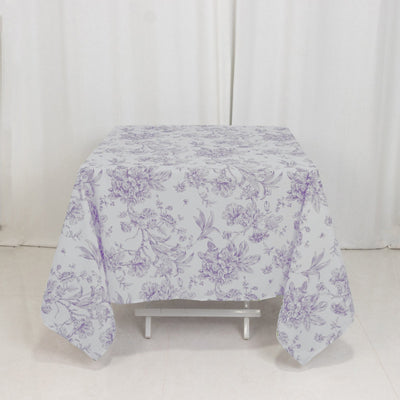 Polyester 70"x70" Square Tablecloth White - Lavender Lilac French Toile Pattern for Elegant Occasions