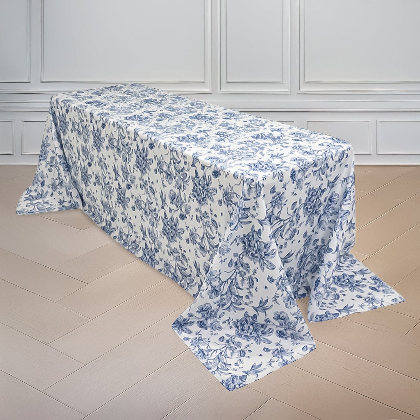 Polyester 90"x132" Rectangle Tablecloth White - Seamless Blue French Toile Pattern for Upscale Events